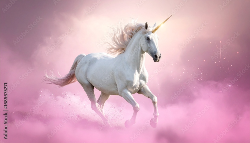 Fototapeta premium Majestic unicorn with golden horn galloping through pastel dreamscape with glitter trails and soft pink fantasy clouds