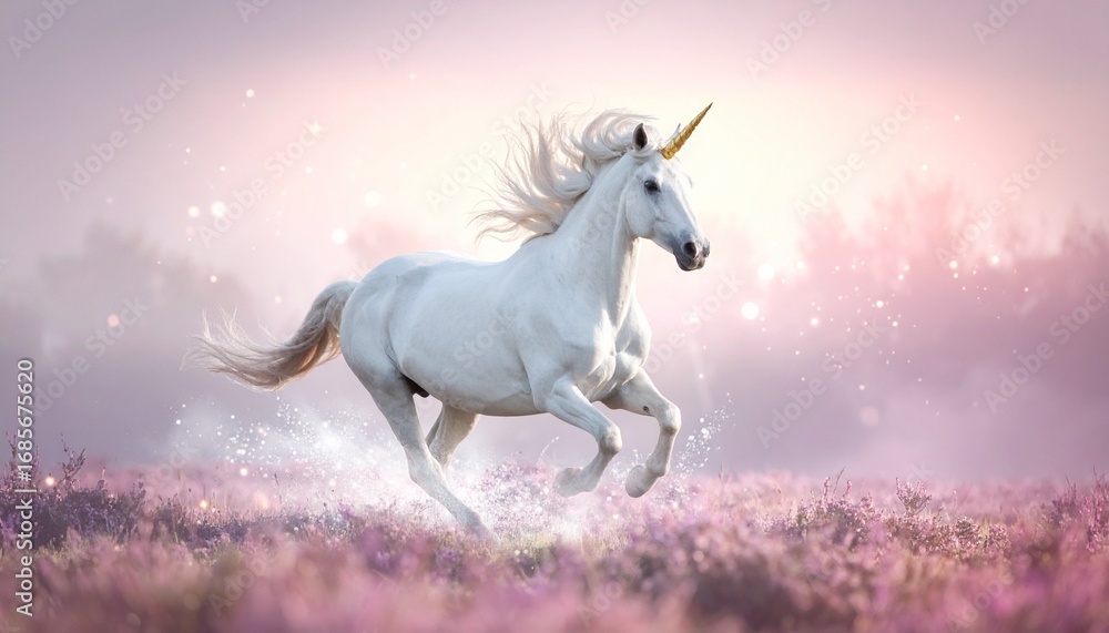 Fototapeta premium White unicorn with luminous golden horn galloping through ethereal light and floating stardust in a magical pink mist