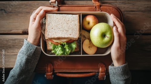 Lunchbox with sandwich and apples
