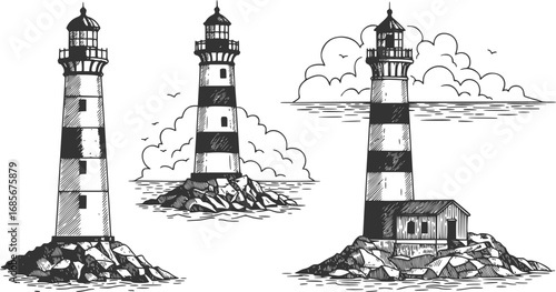 vector set of coastal lighthouse illustrations in modern take on retro woodcut
