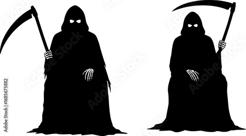 Grim reaper sitting silhouette with scythe vector illustration isolated on white background
