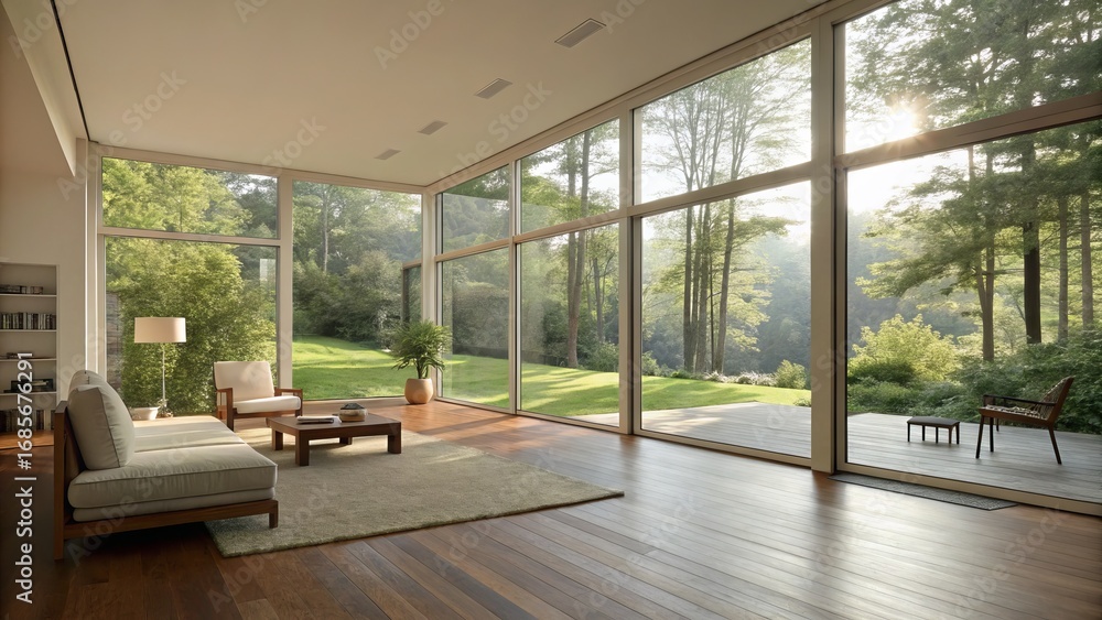 Fototapeta premium Modern Minimalist Living Room Design Floor-to-Ceiling Windows, Green Landscape View, Wood Floors, Modern Furniture. modern architecture, interior design