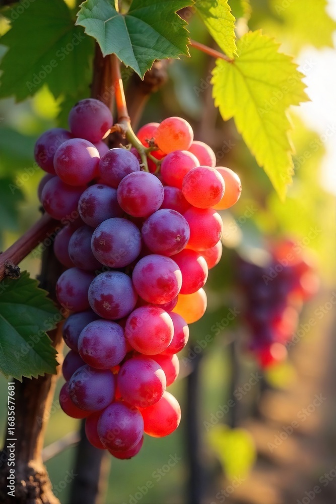 Fototapeta premium Close-up of ripe, sun-drenched wine grapes hanging on the vine, ready for harvest Vibrant colors and textures showcase the beauty of the fruit before winemaking begins , vineyard, harvest
