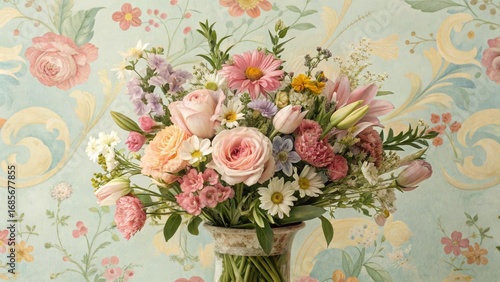 Pastel Flower Bouquet in Vintage Vase, Floral Still Life Photography, Soft Hues, Spring Blooms Floral Photography, Still Life Photography