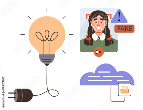 Light bulb and plug for ideas, deepfake detection with facial recognition, cloud storage icon. Ideal for innovation, cybersecurity, AI ethics, technology progress, digital safety, cloud computing