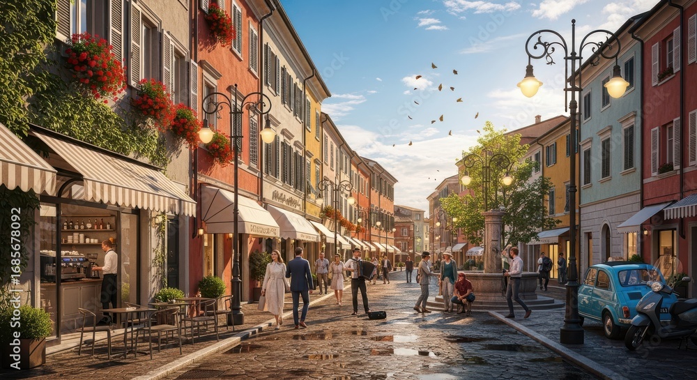 Fototapeta premium Vibrant Italian Streetscape with Cafe Culture and Classic Architecture