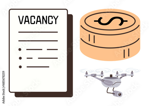 Vacancy ad, stacked coins, and Quadcopter reflecting job postings, financial rewards, and innovation. Ideal for recruitment, technology, income, business advancement automation economic growth