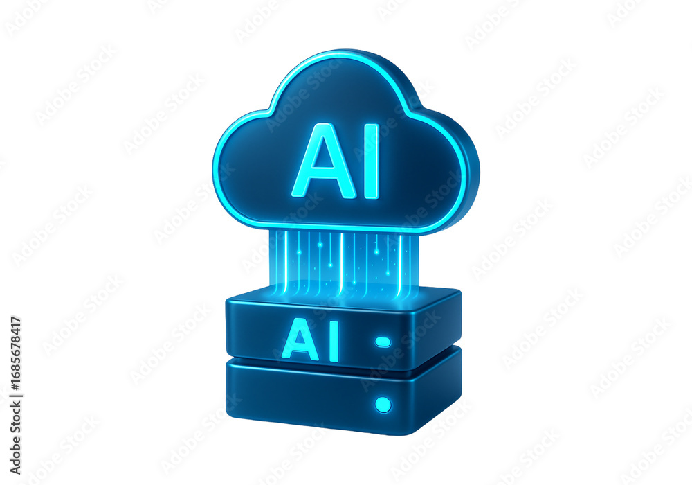 Obraz premium Glowing blue ai cloud symbol emerging from stacked servers isolated on transparent background