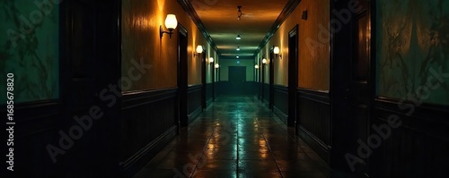 Mysterious, dimly lit hotel hallway at night Intriguing shadows dance on the walls, hinting at secrets and untold stories within A classic, vintage aesthetic prevails , ambiance, escape, vintage