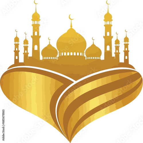Vector illustration of golden mosque with heart shape