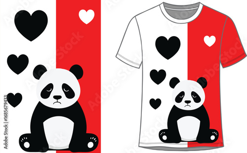 Panda hearts T-shirt design vector — sad panda on red/white
Cute panda hearts graphic — kawaii love shirt vector artwork
Sad panda with hearts vector — romantic tee print for valentines