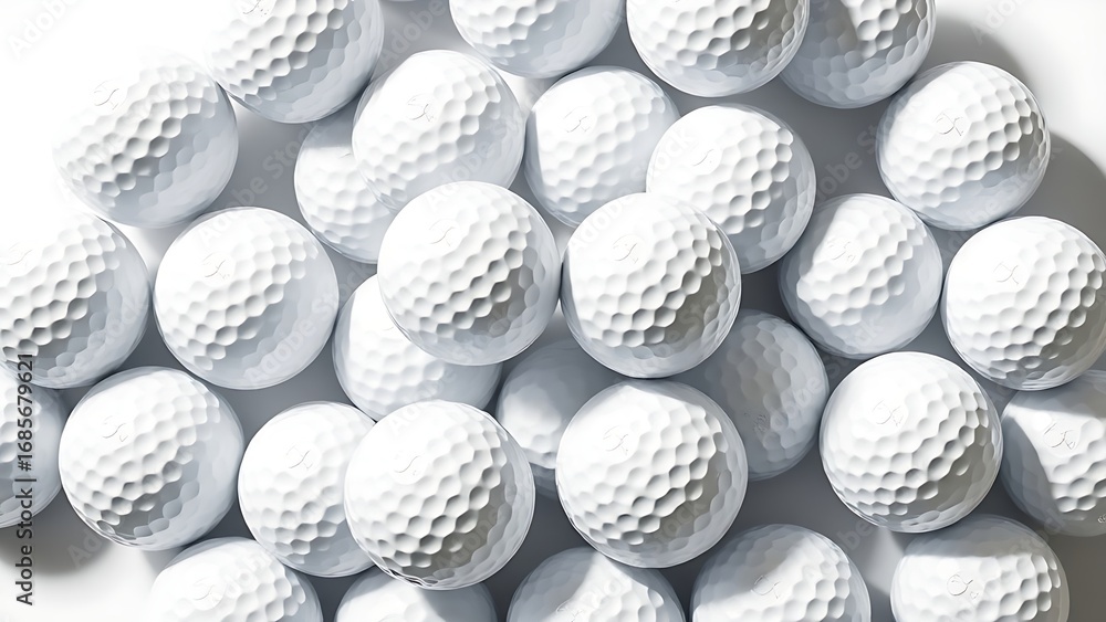 Fototapeta premium White golf balls arranged in a geometric pattern on a pure white background, emphasizing texture.