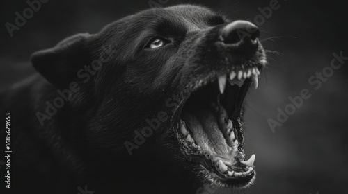Close-up of aggressive black dog growling with open mouth in dramatic lighting.