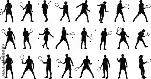 Silhouette Tennis Players Vector Set in Various Action Poses with Rackets and Balls for Sports Design, Illustration, and Graphics