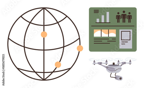Globe with data points, a Quadcopter featuring a camera, and an analytics dashboard with stats and visuals. Ideal for technology, analytics, mapping, monitoring, innovation, automation global research