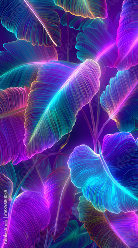 Neon tropical leaves background with vibrant colors and details  