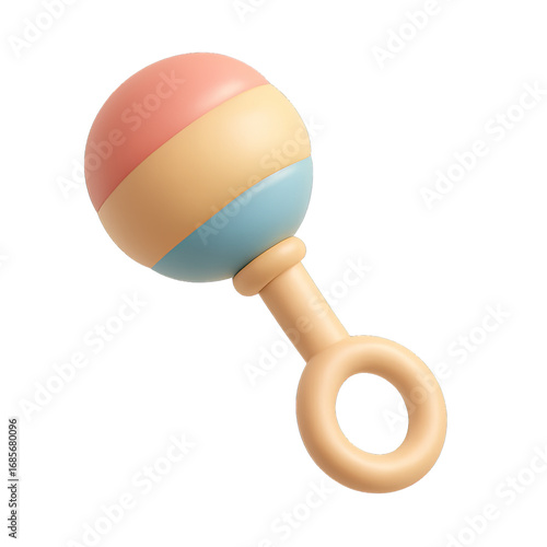 Vibrant 3D Rendered Baby Rattle with Soft Glow, Pastel Colors - Pink, Yellow, Blue Sphere Head and Ergonomic Handle - Perfect Infant Toy for Nursery Decor, Playtime & Sensory Development, Cute Baby Sh