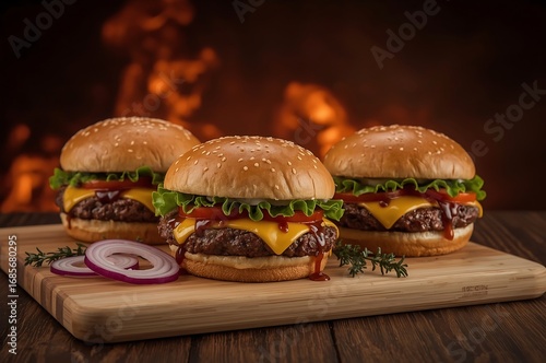 Tasty burger with french fries and fire.