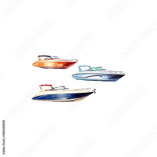 Three watercolor speedboats with artistic marine painting and nautical illustration isolated on white background