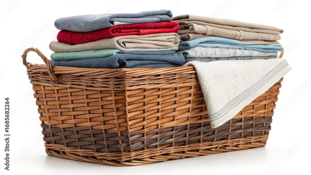 Obraz premium Stacked Folded Clothes in Wicker Basket, Laundry Basket Composition, Home Organization, White Background, Fabric Texture Laundry, Organization