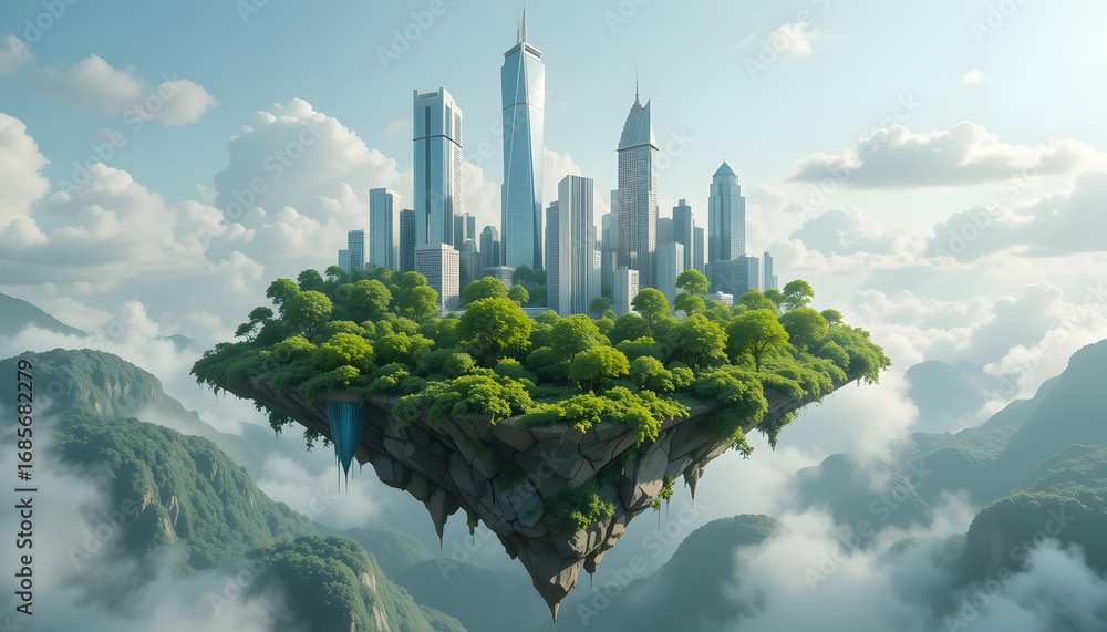 Fototapeta premium Futuristic city floats above lush green mountains, surrounded by clouds, showcasing a harmonious blend of nature and urban development in a serene atmosphere.