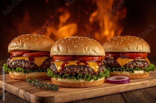 Tasty burger with french fries and fire.