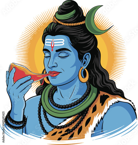 Shiva Illustration with Conch Shell and Crescent Moon Design 