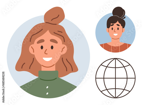 Two smiling women in profile pictures with differing hairstyles alongside a wireframe globe. Ideal for social media, networking, diversity, globalization, connectivity, teamwork, modern