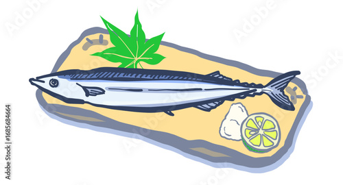 筆で書いた、秋が旬の「秋刀魚」のイラスト。（背景なし）A brush-drawn illustration of pacific saury, a fish in season in autumn (no background).