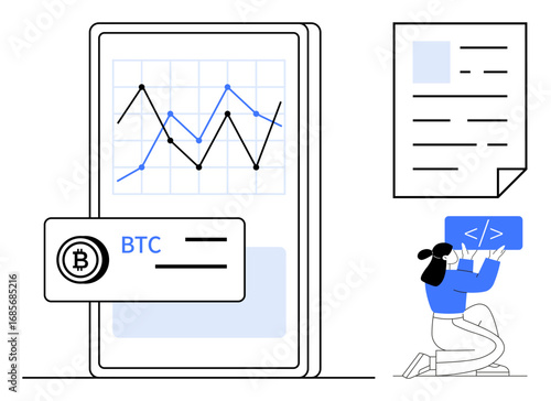 Mobile screen with Bitcoin price graph, coding interface held by a person, document icon. Ideal for fintech, programming, crypto trends, trading platforms, data analytics, and minimal modern designs