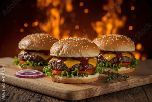 Tasty burger with french fries and fire.