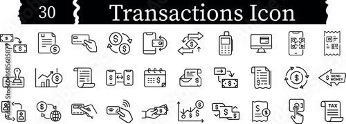 Collection of 30 hand drawn icons representing various financial transactions and business concepts isolated on transparent background