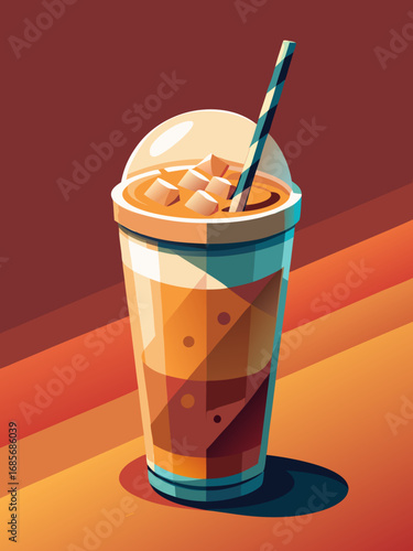 Iced coffee drink topped with cream and ice cubes in a clear cup with a straw in a bold graphic style
