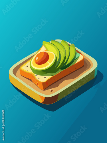 Avocado toast topped with sliced avocado and served on a wooden plate in a vibrant illustration style
