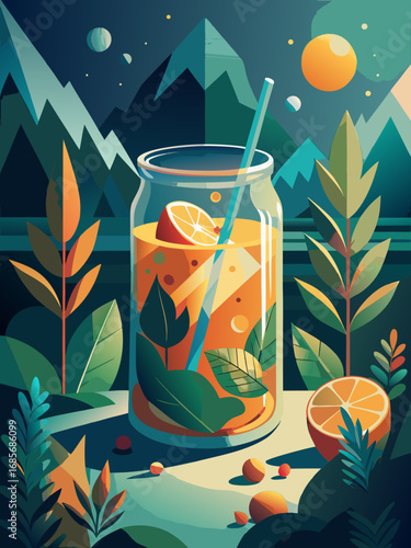 Refreshing citrus drink in a jar with mint leaves set against a vibrant mountain landscape

