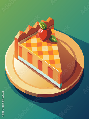 Delicious slice of pie with a cherry on top served on a wooden plate in a vibrant illustration style
