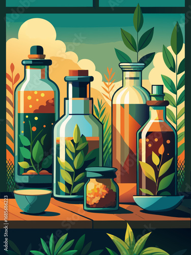 Collection of glass jars with herbal infusions and natural ingredients in a vibrant artistic style