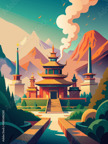 Traditional mountain temple surrounded by lush greenery and peaks with smoke rising in a vibrant landscape
