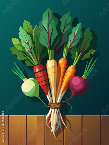 Bunch of colorful vegetables including carrots and radishes tied together in a stylized graphic design