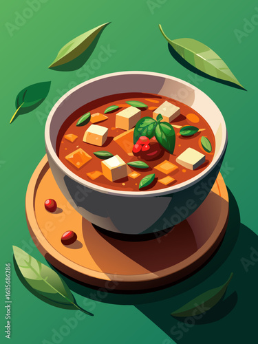 Delicious bowl of tofu soup with herbs in a minimalist graphic style

