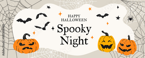 Happy Halloween cute banner. Trendy flat lay illustration with pumpkins, bats, spider and spider webs on beige background. Cartoon Halloween template for poster, greeting card, invitation, postcard