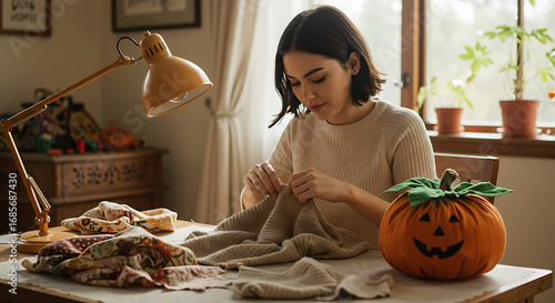 Woman Seamstress Crafting with Pumpkin Decor Sewing a Cozy Autumn Project at Home