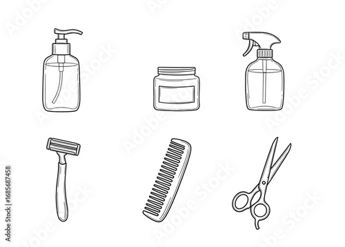 Assortment of grooming and personal care items displayed in a line art drawing style illustration