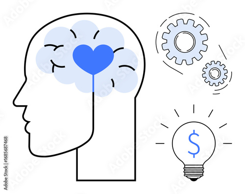 Human head silhouette with brain-heart synergy, rotating gears, and light bulb with dollar sign. Ideal for creativity, emotional intelligence, innovation, problem-solving, decision-making, business