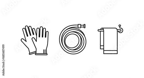 Illustration of gloves, coiled hose, and towel hanging on a rack with a white presentation