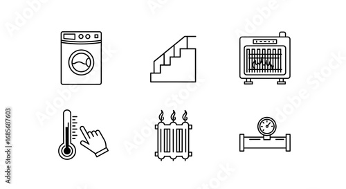 Six line drawings featuring a washing machine, stairs, heater, thermometer, radiator and a gauge pipe