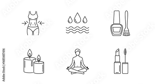 Collection of wellness icons including beauty products and relaxation techniques arranged neatly together