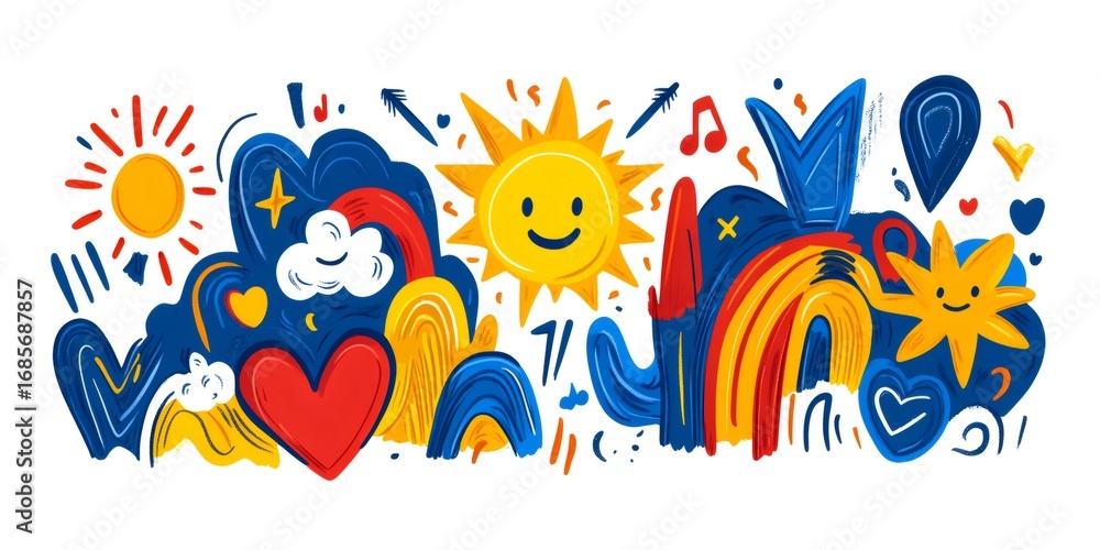 Obraz premium Sun, rainbow, hearts, clouds, and various abstract shapes create a vibrant and cheerful summer scene