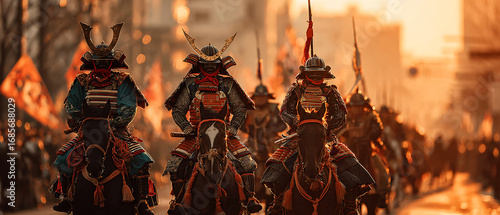 Samurai warriors on horseback during Jidai Matsuri parade in Kyoto, Japan. Riders wear ornate armor with helmets, carrying banners and weapons from feudal Japan. 