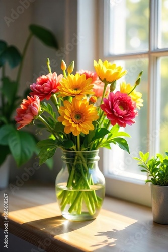 Wallpaper Mural Brightly colored flowers in a vase, fresh green leaves, sunlight streaming through a window, creating a vibrant and cheerful atmosphere of springtime freshness , optimistic, close-up Torontodigital.ca